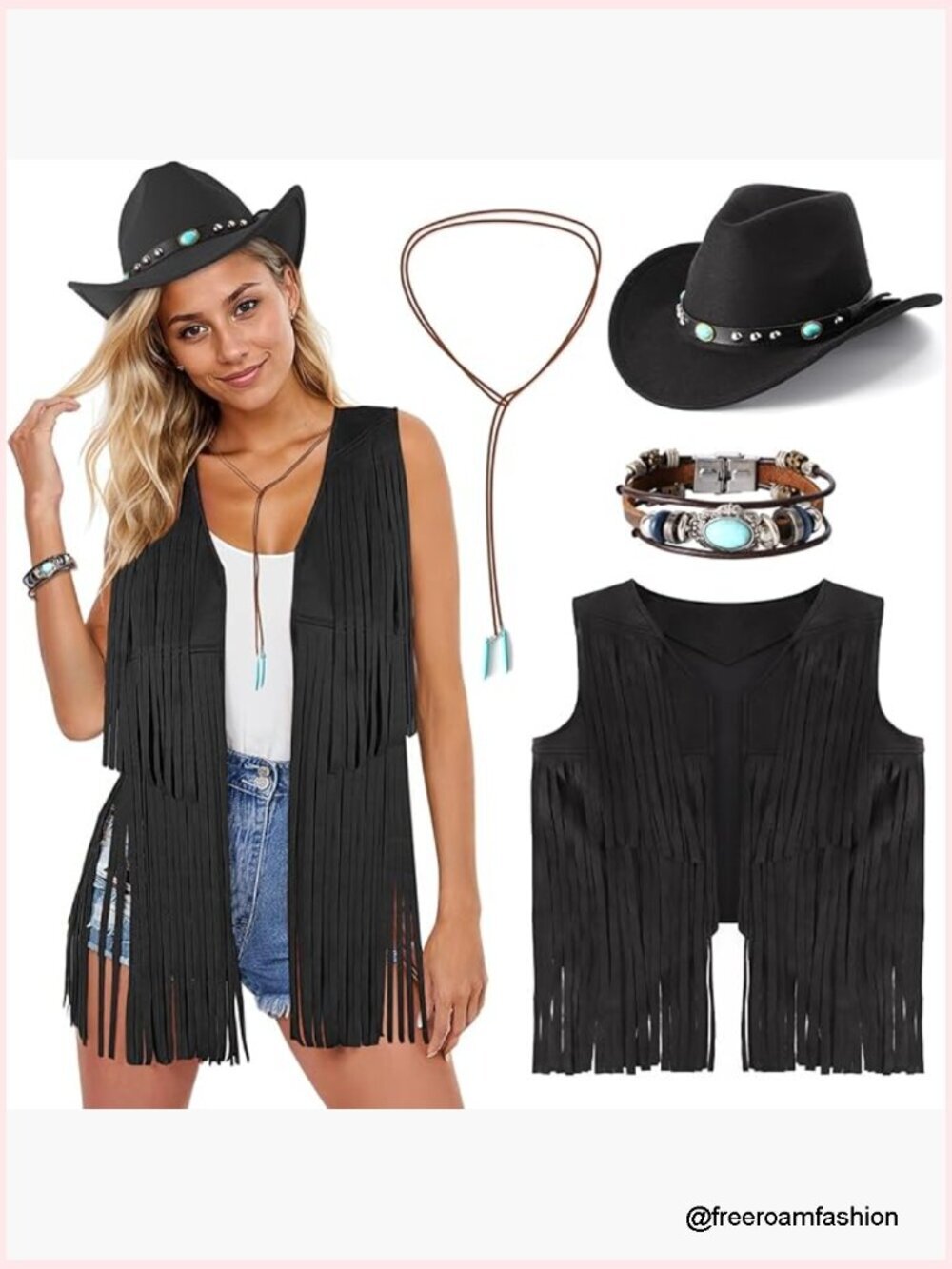 4Pcs Western Cowgirl Outfit Set Fringe Vest Hat Jewelry Halloween Cosplay